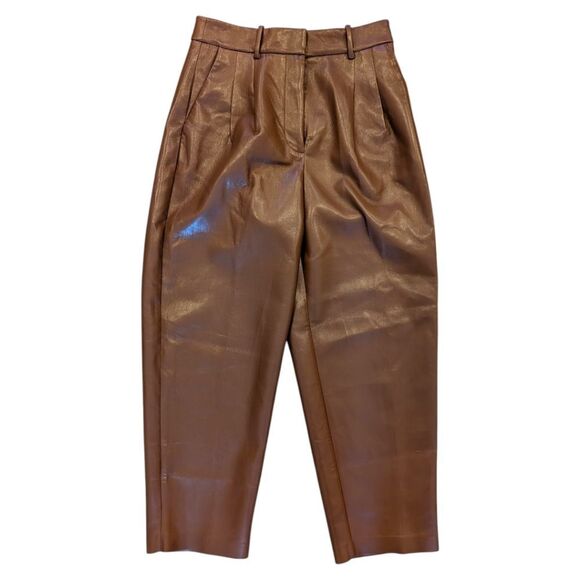 Aritzia Wilfred Effortless Pant Faux Leather Pleated Trousers Chestnut Brown 6 - Picture 4 of 8